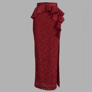 CH Carolina Herrera maxi length Rudy red lace and ruffle skirt